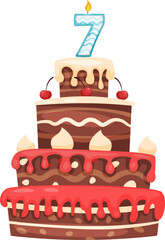 Three tiered chocolate birthday cake with dripping icing, cherries, and a number seven candle burning brightly, celebrating a seventh birthday or anniversary in a sweet and festive way