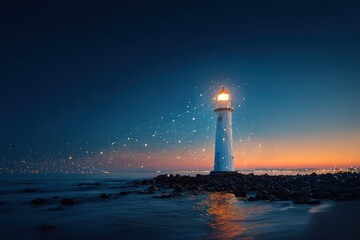 A glowing lighthouse stands on a rocky shore at dusk, surrounded by digital network connections blending technology with nature