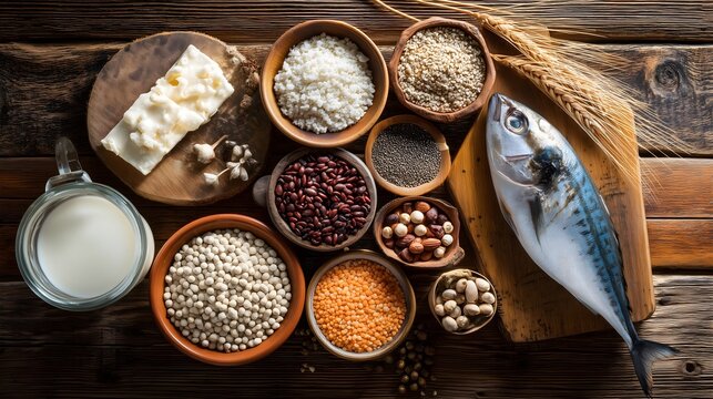 High phosphorus foods arranged on table. Concept of nutrition and mineral intake.
