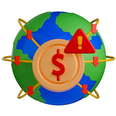 Global economic crisis 3d illustration symbolized by falling red arrows around Earth and warning sign with dollar coin.
