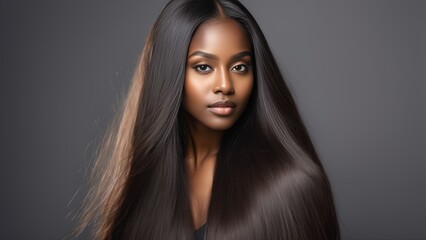 Beauty Portrait of a black woman with long curly brown hair. Makeup. African American model close up. Closeup portrait woman hair care copy space. Isolated. Studio shot. Peach background