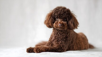Chocolate poodle dog on white background. Concept of cute fluffy pet.
