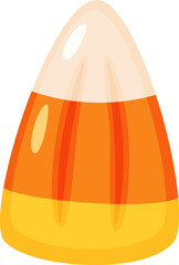 Single candy corn with a white tip, orange center, and yellow base, evoking the festive spirit of Halloween celebrations with its vibrant colors and iconic shape