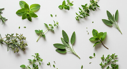 Obraz premium Assorted fresh herbs on white background