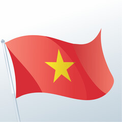 Realistic illustration of the national flag of Vietnam waving on a flagpole against a gradient blue and white background in a gentle breeze