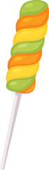 Bright and swirling lollipop with vibrant green, orange, and yellow stripes entices with its sweet promise, perfect for a sugary treat or festive celebration