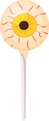 Spooky Halloween lollipop shaped like an eyeball, featuring striking red veins and a yellow iris, adding a fun and creepy touch to festive celebrations and autumn parties