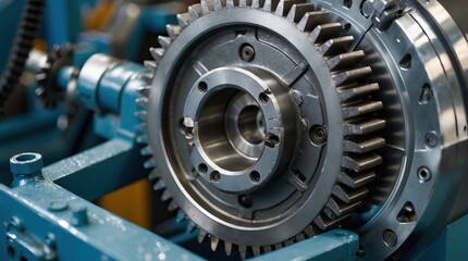 Close-up of a metal gear mounted on a blue frame with mechanical components in the background &mdash; a portrait of engineering precision and reliability