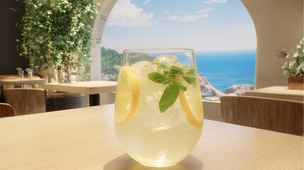 Glass of iced lemonade with mint on wooden table, set against a sunny seaside backdrop through an arched window.