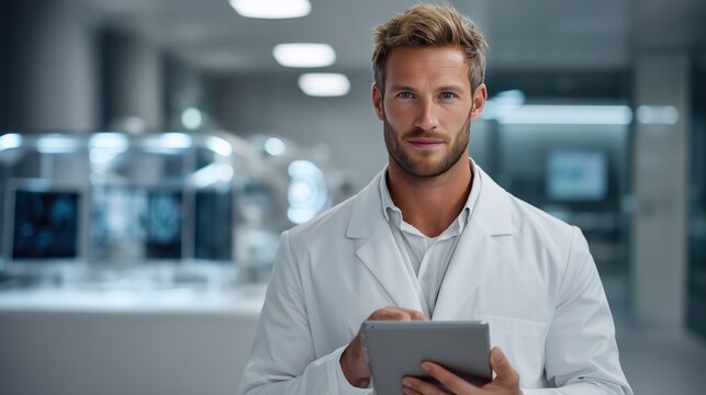 A focused male scientist in a lab coat uses a tablet to analyze data in a modern research facility.