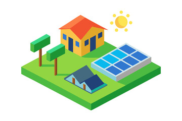 Fototapeta premium Isometric illustration of a house with solar panels and trees under the sun