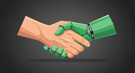Human and robot hands shaking in agreement with dark grey background showing collaboration and partnership