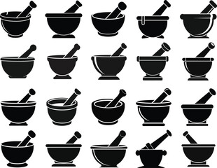 Mortar and Pestle Collection Diverse Black Silhouette Icons for Culinary 