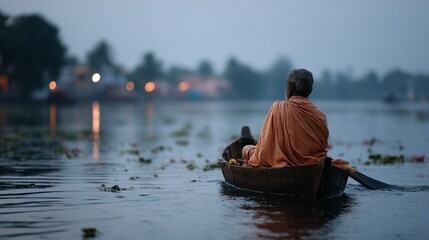 A monk in orange robes paddles a wooden canoe at dawn, reflecting tranquility and solitude on the calm river.