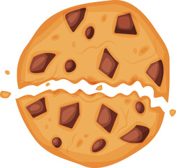 Large chocolate chip cookie is splitting in two, revealing a creamy white filling and scattering crumbs, a tempting treat for dessert lovers