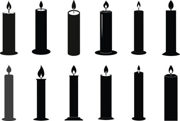 Silhouette of Twelve Burning Candles Arrayed on a White Background 
