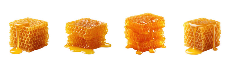 Honeycomb blocks are stacked and drizzled with honey. Sweet treat, golden, natural, organic, raw food. Delicious, food photography, bee products, sweet