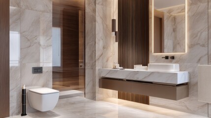 Modern bathroom design featuring elegant marble walls, sleek fixtures, and ambient lighting