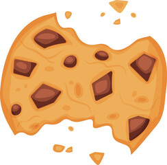 Chocolate chips are scattered across a partially eaten cookie, creating a tempting image of indulgence and satisfaction, with crumbs falling from the missing bites