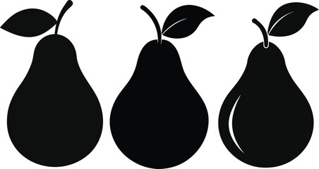 Three Black Pear Silhouettes with Leaves on a White Background Perfect for Minimalist Design