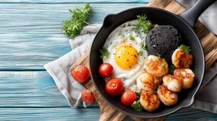 A mouthwatering breakfast skillet featuring a sunny-side-up egg, seared scallops, cherry tomatoes, and black pudding in a rustic setting.