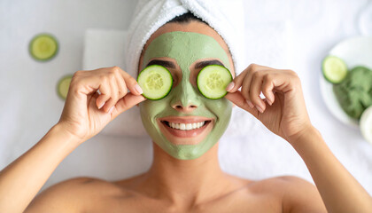 Woman relaxing with green facial mask and cucumber on eyes
