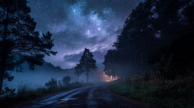 Spooky night landscape with an abandoned road in foggy forest under dark sky