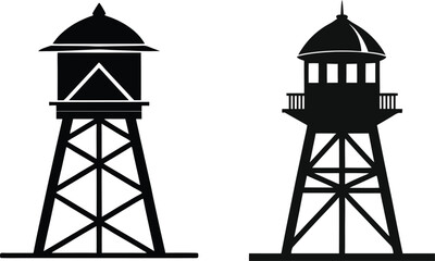Two Silhouette Water Towers Isolated on White Background Vintage Structures
