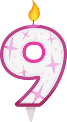 Number nine pink birthday candle with lit flame and decorative stars burning brightly for a ninth birthday celebration, anniversary, or special occasion