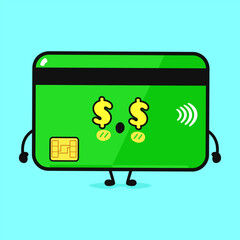 A cute cartoon credit card character, expressing a smile with dollar sign eyes.