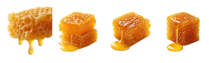 Honeycomb dripping with honey is displayed. Sweetness, deliciousness, golden, organic, natural, healthy, food, snack, dessert, ingredient, raw, texture, treat.