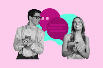 Collage of young people surrounded by digital chat windows symbolizing online communication social media virtual chatting