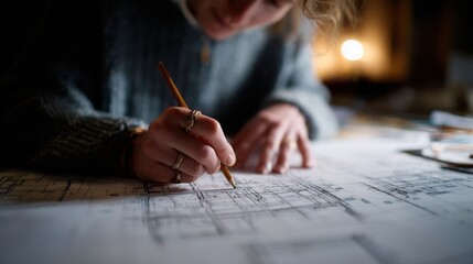 Close-up of an architect's hand drawing blueprints with a pencil, focused on designing detailed building plans.