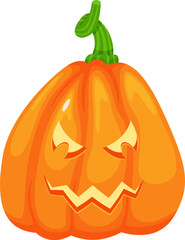 Carved pumpkin with an evil face, glowing eyes and a crooked stem is a perfect decoration for Halloween, creating a spooky and festive atmosphere