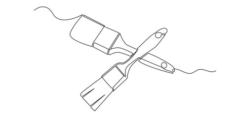 Continuous line drawing of two crossed paint brushes. Minimalist illustration symbolizing creativity, painting tools, home renovation, and artistic expression.
