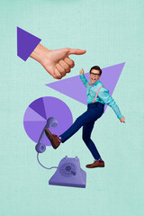 Collage of joyful person next to vintage rotary telephone retro communication device concept