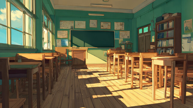 Nostalgic old fashioned anime classroom with sunlight streaming through window