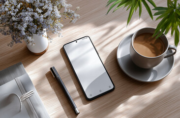 Smartphone with blank screen and coffee on wooden table. Mock up