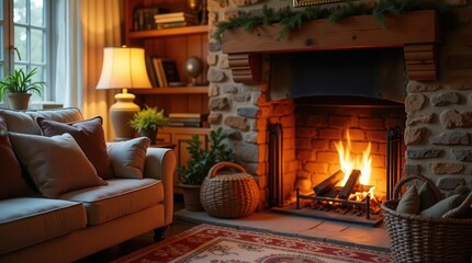 Cozy living room with stone fireplace and warm ambiance