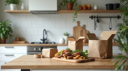Eco-friendly takeout meals on a wooden kitchen table with plants and cooking utensils
