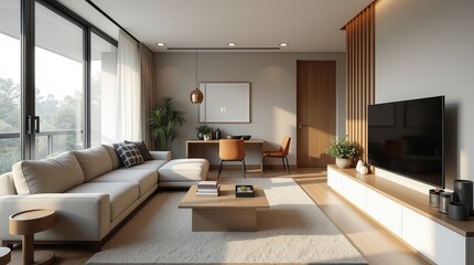 Modern minimalist living room with cozy sofa and natural light