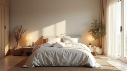 Cozy minimalist bedroom with natural light and neutral decor