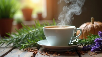 Steaming coffee cup with herbs and pumpkin on a rustic tabletop