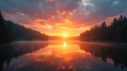 Tranquil sunrise over misty forest lake reflecting vibrant sky