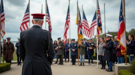 Veteran ceremony with flags: honoring heroes in patriotic gathering