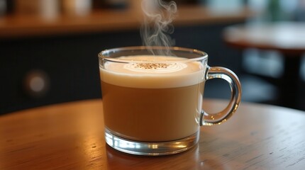 Steaming cappuccino in glass cup on wooden table in cozy cafe setting