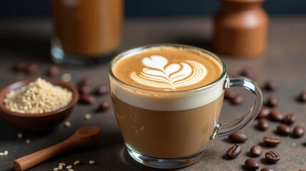 Aromatic coffee delight: cappuccino with latte art in glass mug surrounded by beans and brown sugar