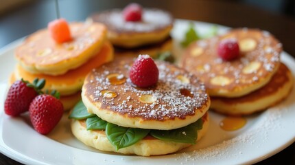 Fluffy pancakes with fresh strawberries and syrup on a breakfast plate