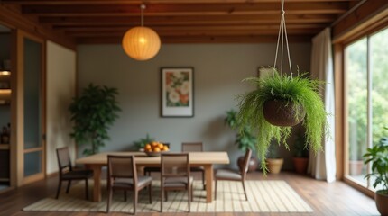 Modern dining room with hanging plant and natural light