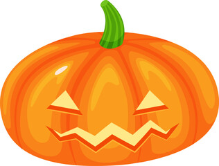 Large, ripe orange pumpkin featuring a carved scary face and a vibrant green stem, serving as a perfect Halloween night decoration, isolated against a clean white background